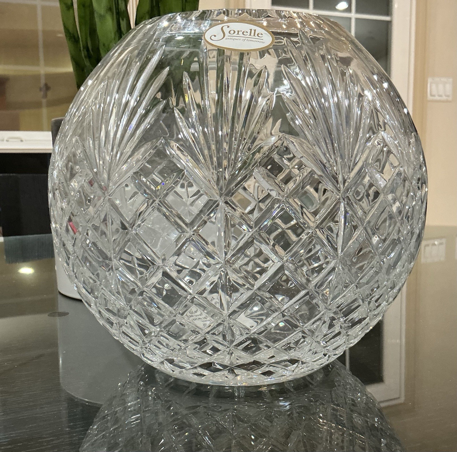 Vintage SORELLE Round Rose Crystal Vase 10” Hollow