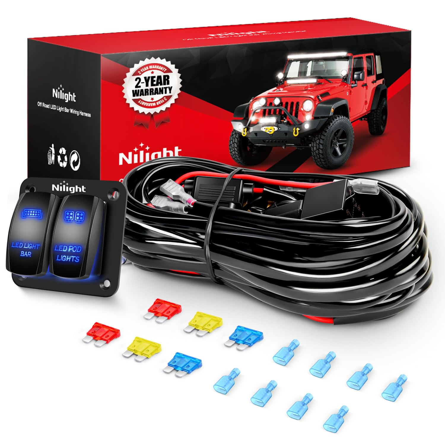 16AWG LED Light Bar Wiring Harness Kit 12V On/Off 2 Gang Rocker Switch Panel Pow