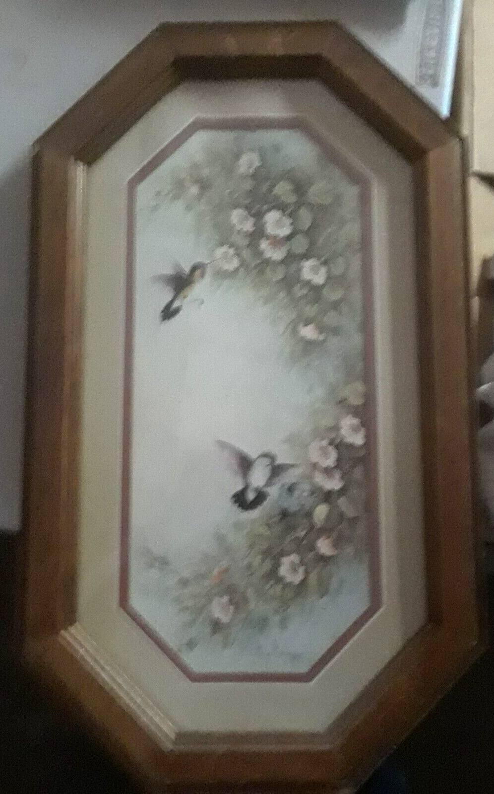 Vintage Home Interior Margie Morrow Humming bird print in Oak Wood Frame