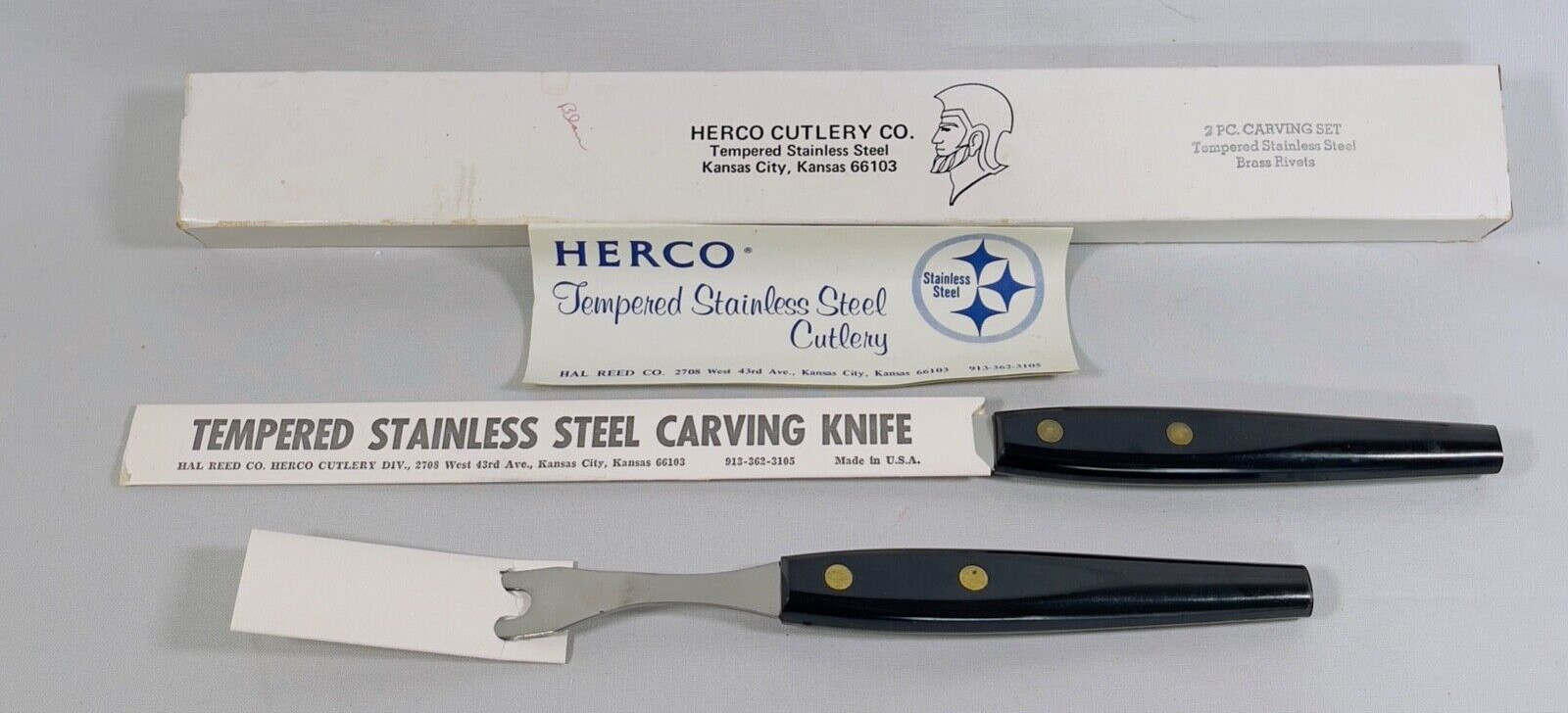 Herco Knife Cutlery Carving & Fork NOS Engraved Safety Award Brass Rivet VINTAGE Herco Knife Cutlery Carving & Fork NOS Engraved Safety Award Brass Rivet VINTAGE