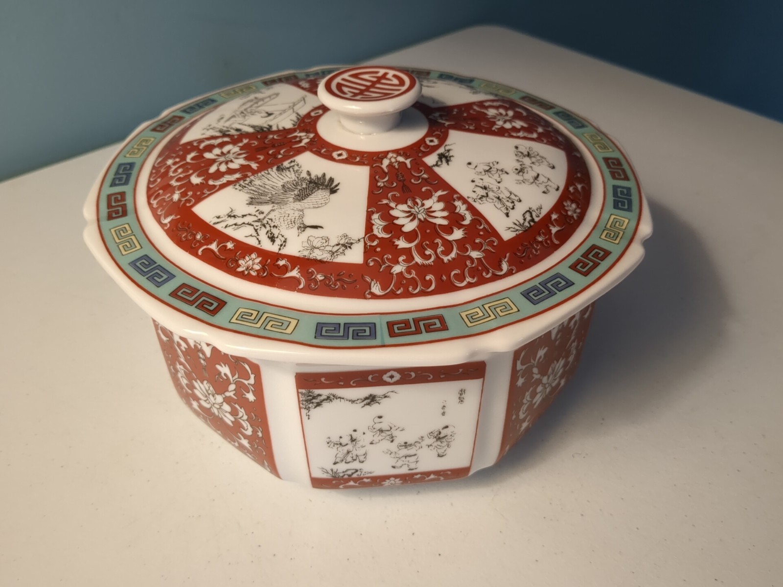 HEXAGONAL Porcelain Covered Casserole Serving Bowl Chinese