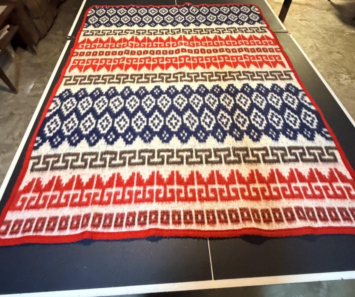 Vtg Woven Mexican Aztec Wool Blanket Rug Wall Art Textile Southwestern 68x53”