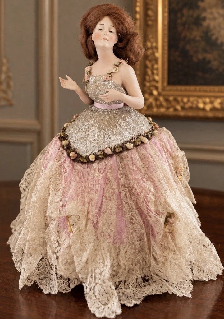 Large German Bisque Half Doll Pincushion Hertwig & Co & Edwardian Dress 14”
