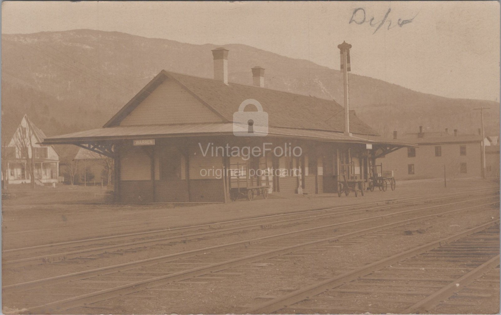 Railroad Depot Train Station Warren NH Baggage Carts Tracks RPPC 1908 Postcard