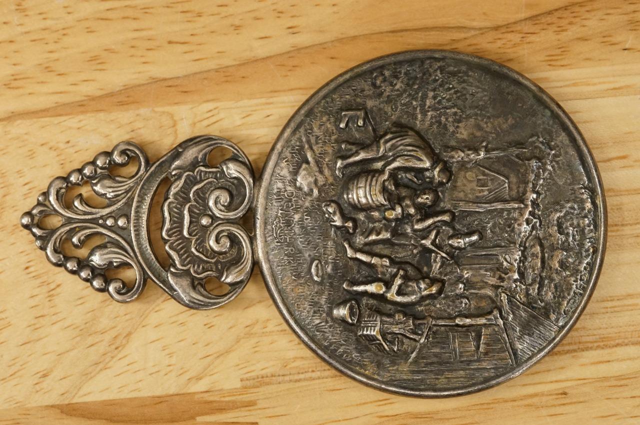 Hans Jensen Silverplate DENMARK Vanity Hand Purse Mirror REPOUSSE Beveled Glass