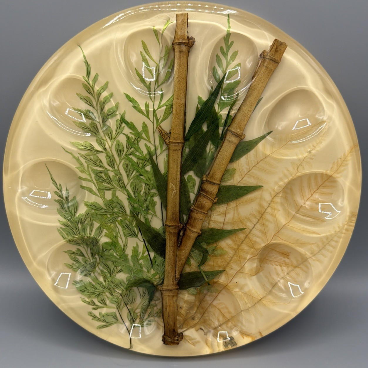 Vintage Retro Lucite Egg Trivet Tray Encased Bamboo