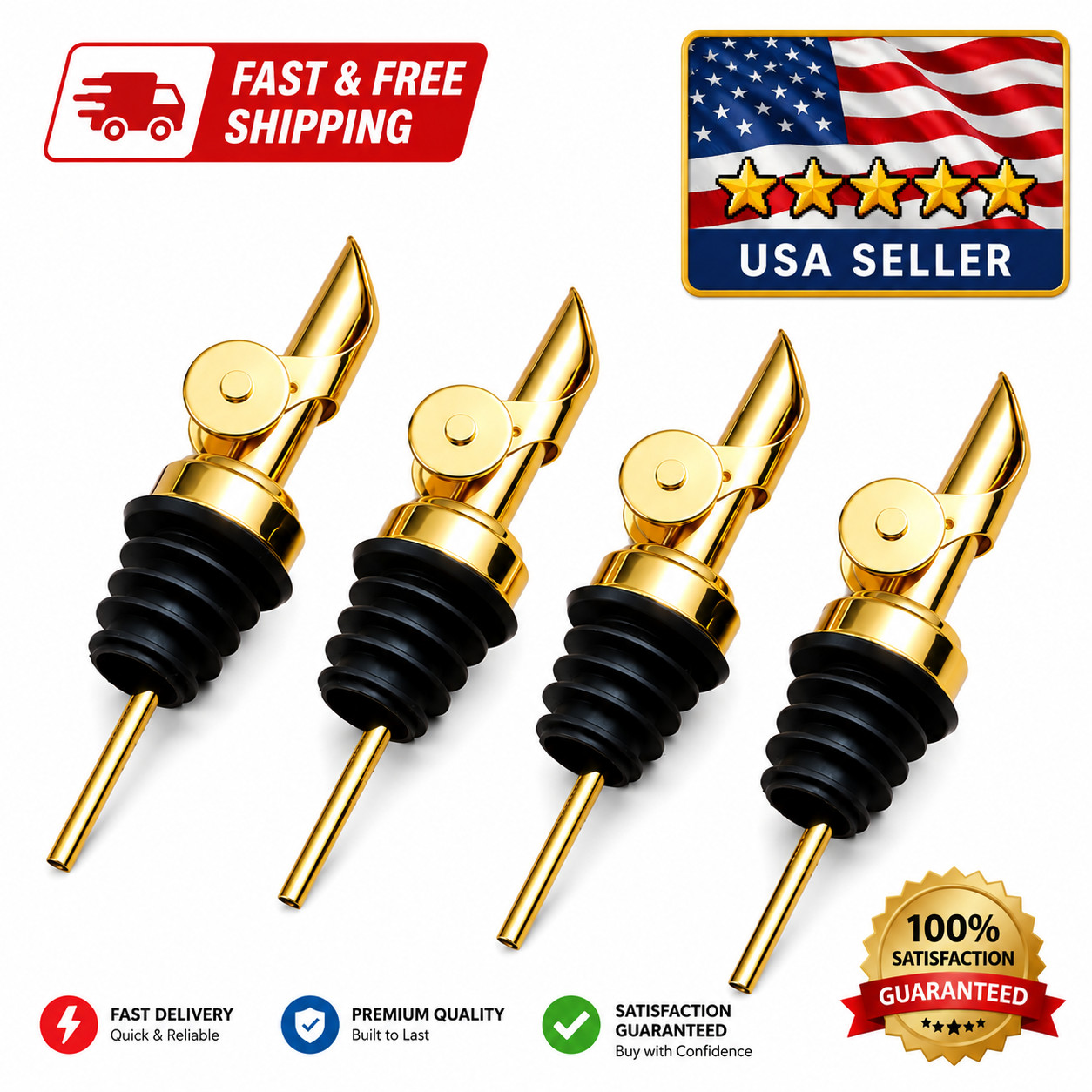 Gold Liquor Bottle Pour Spouts Speed Pourers for Wine Olive Oil Bar 4 Pack