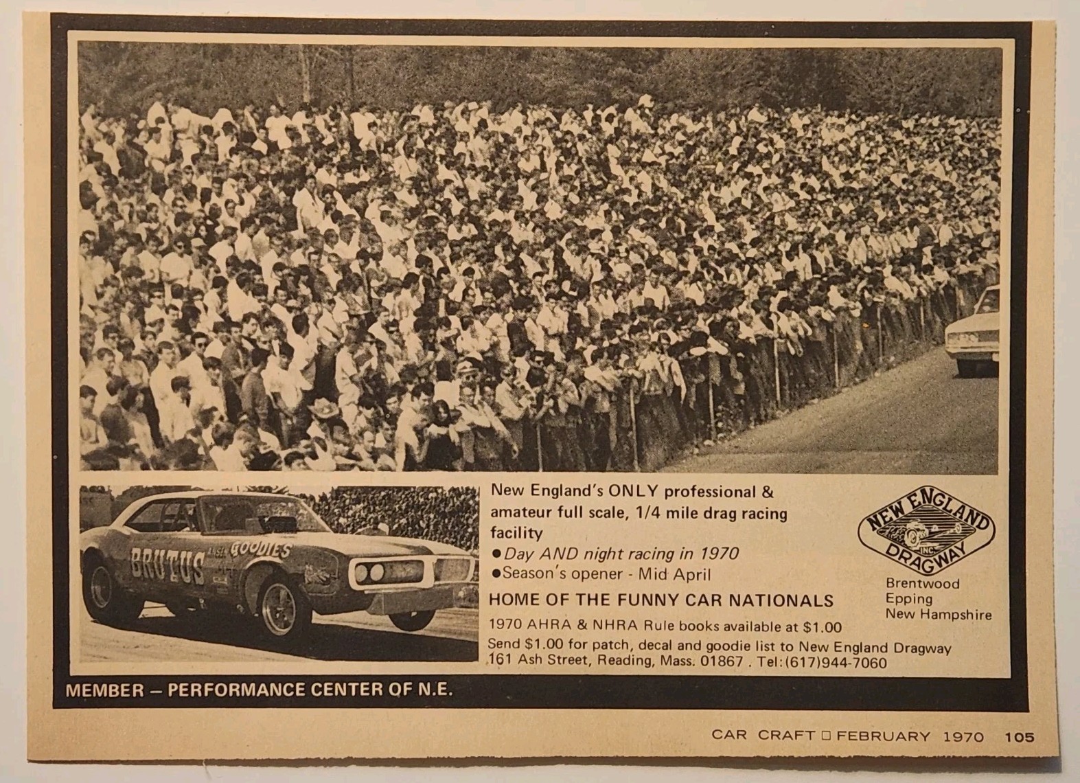 1970 New England Dragway Dragstrip Funny Car AHRA NHRA Orig Print Ad Reading MA