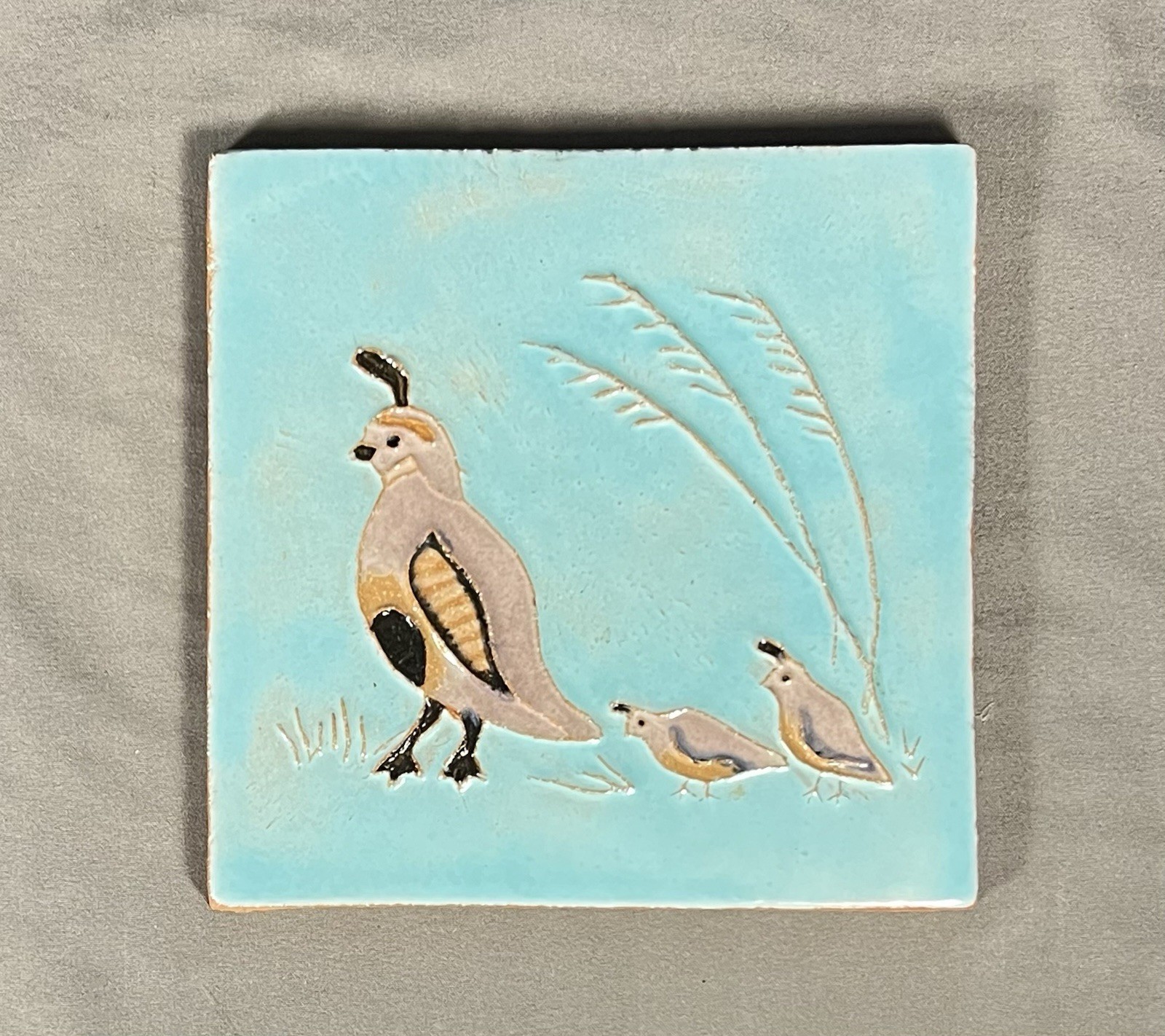 Vintage McKusick Gila Pottery Tile Gambel\'s Quail Family Desert House 5.75\