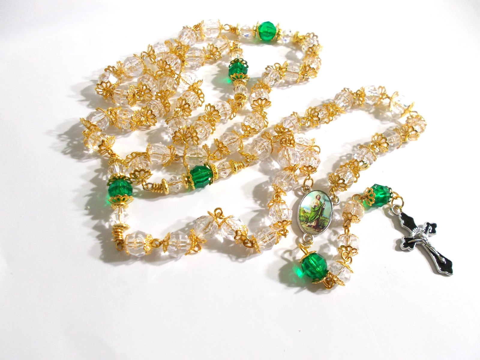 RELIGIOUS PRAYER ROSARY HANDMADE/ EMERALD GLASS BEADS/ RHINESTONE CRYSTAL BEADS