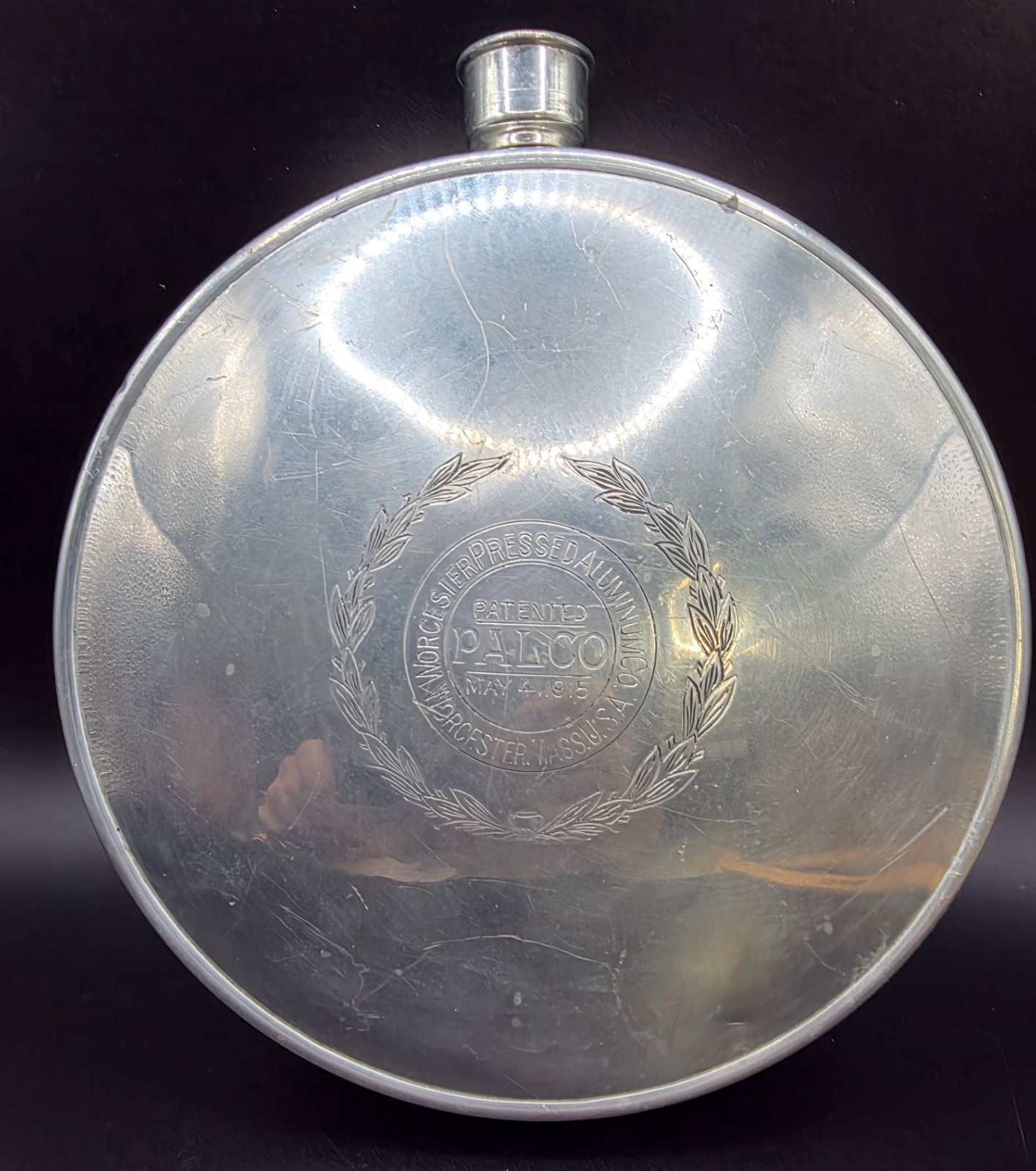 WWI ALCO Pressed Aluminum Canteen Pat May 4 1915 Schrader Cap Antique