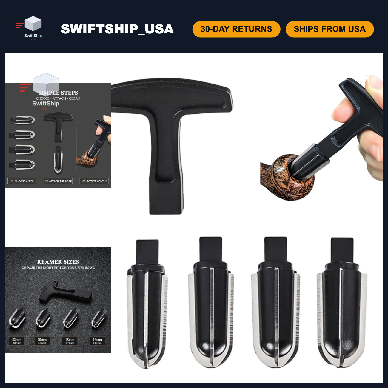 5-Piece Tobacco Pipe Reamer Kit with Stainless Steel Heads & T-Handle for Bowl C