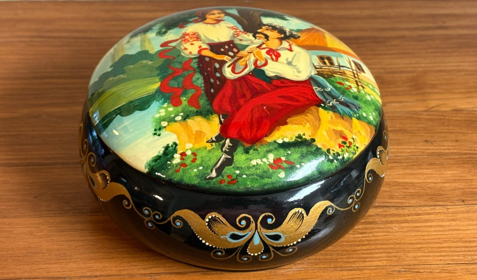 Vintage Hand-Painted Ukrainian Black Lacquer Trinket Box 