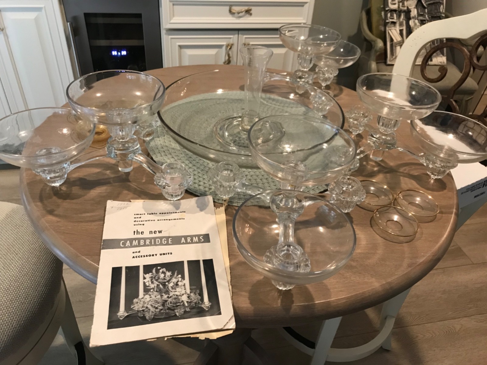 RARE Cambridge Arms 14 pc Set, 4 arms, 8 nappies,large bowl and peg vase RARE Cambridge Arms 14 pc Set, 4 arms, 8 nappies,large bowl and peg vase