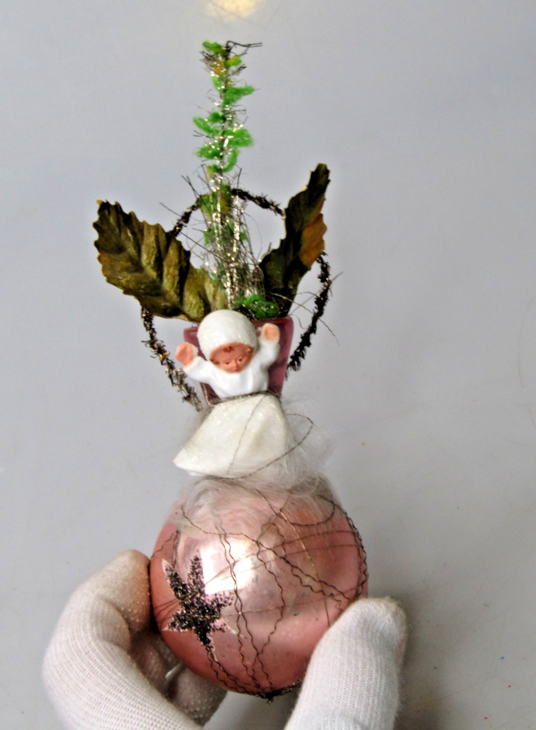 VTG Glass Crinkle Wire FLOWER VASE Sugar Angel Large Christmas Ornament Germany