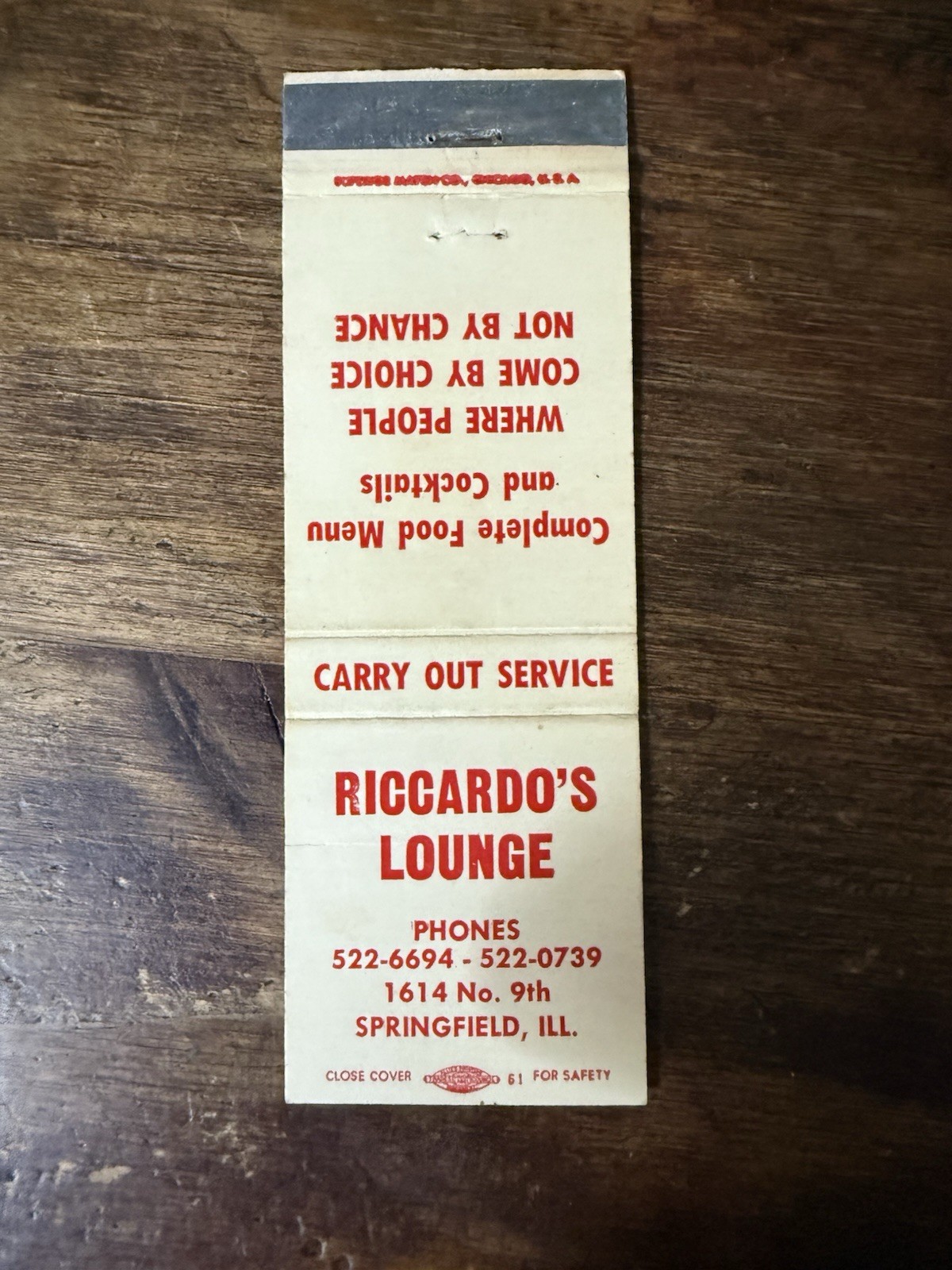 D547 Riccardo’s Lounge Springfield Illinois Vintage Matchbook Cover