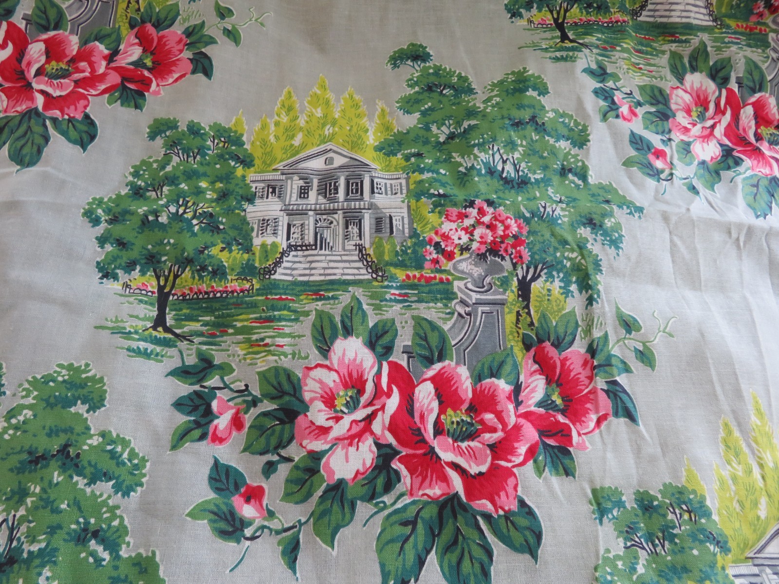 Vintag ROMANTIC French Style Barkcloth fabric NEVER USED Toile Scenic Cotton
