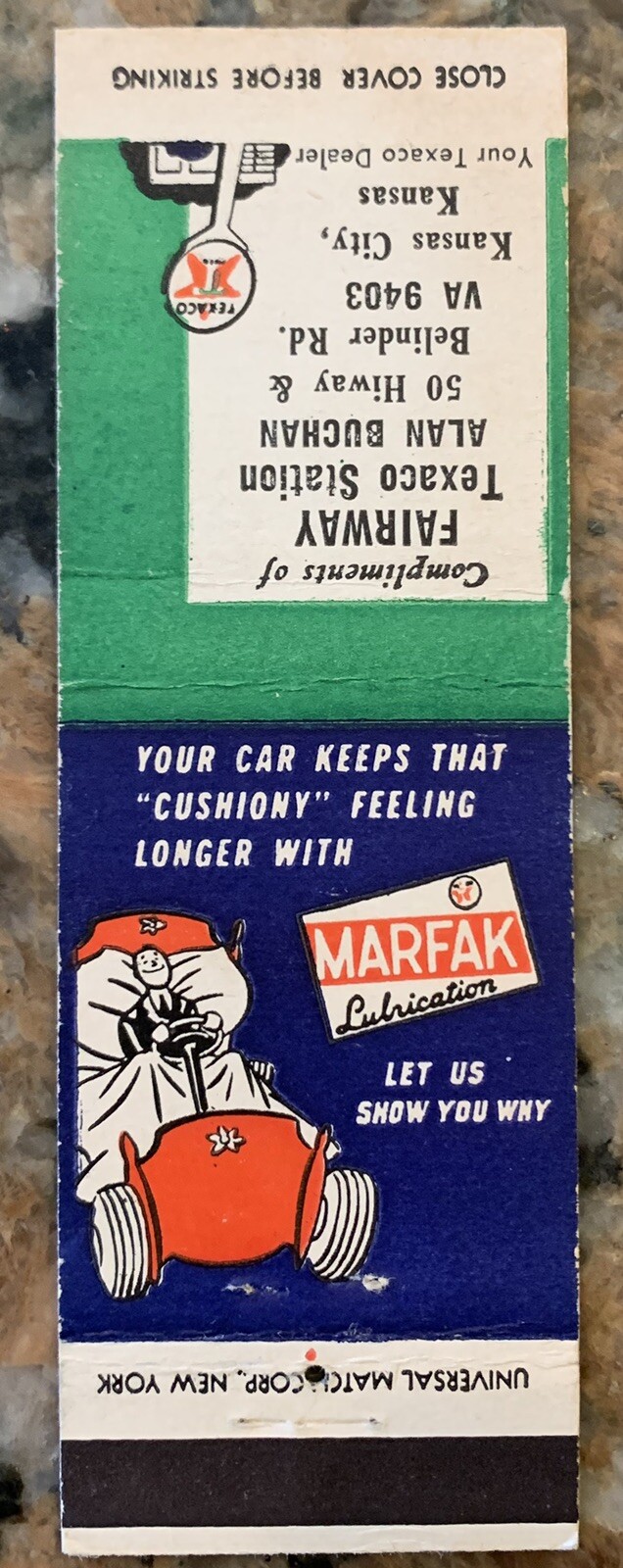 1940’s Texaco Marfak Lubrication Car Keeps Cushing Feeling Longer Matchcover
