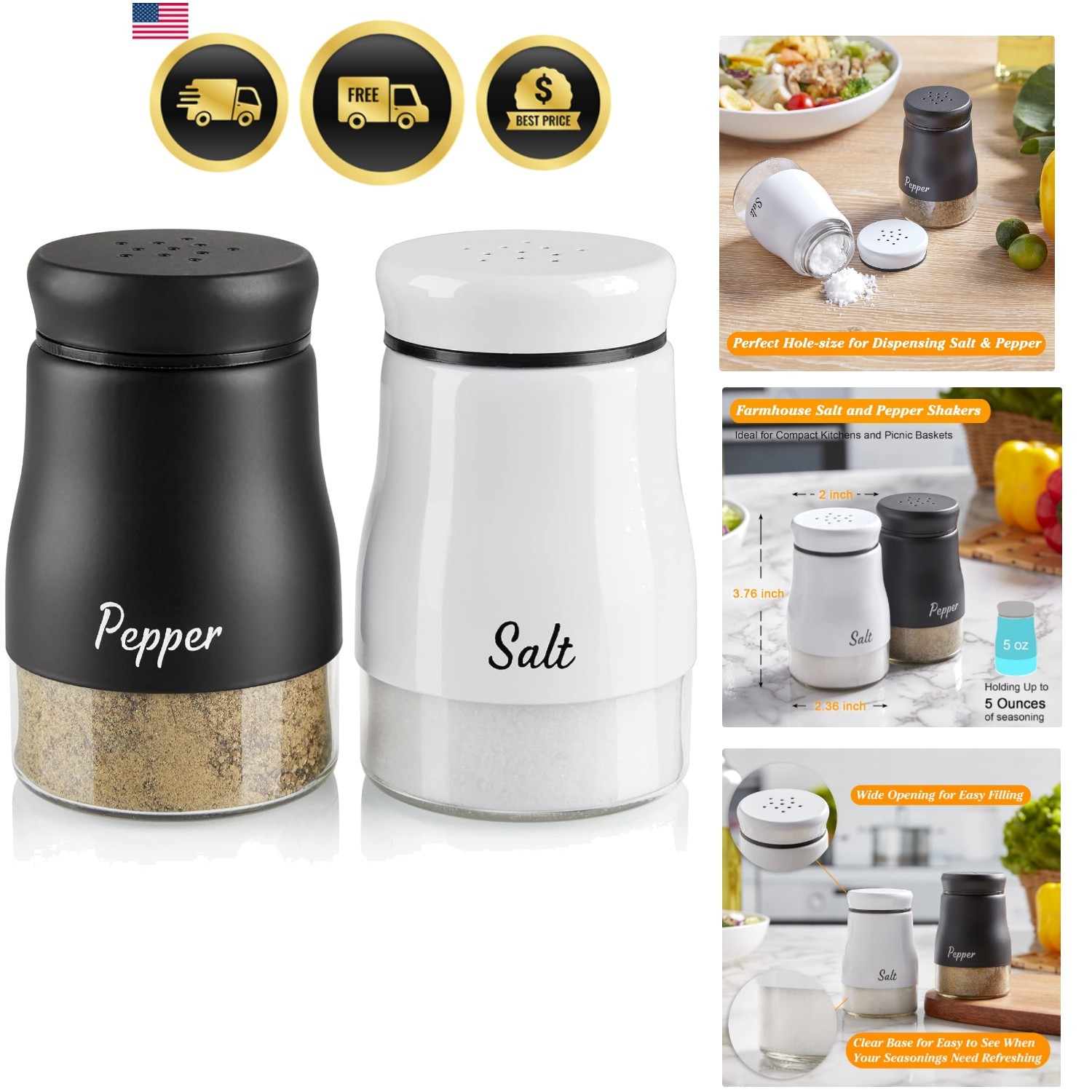 Salt and Pepper Shakers Set Kitchen Decor Modern Glass Dispenser 5oz