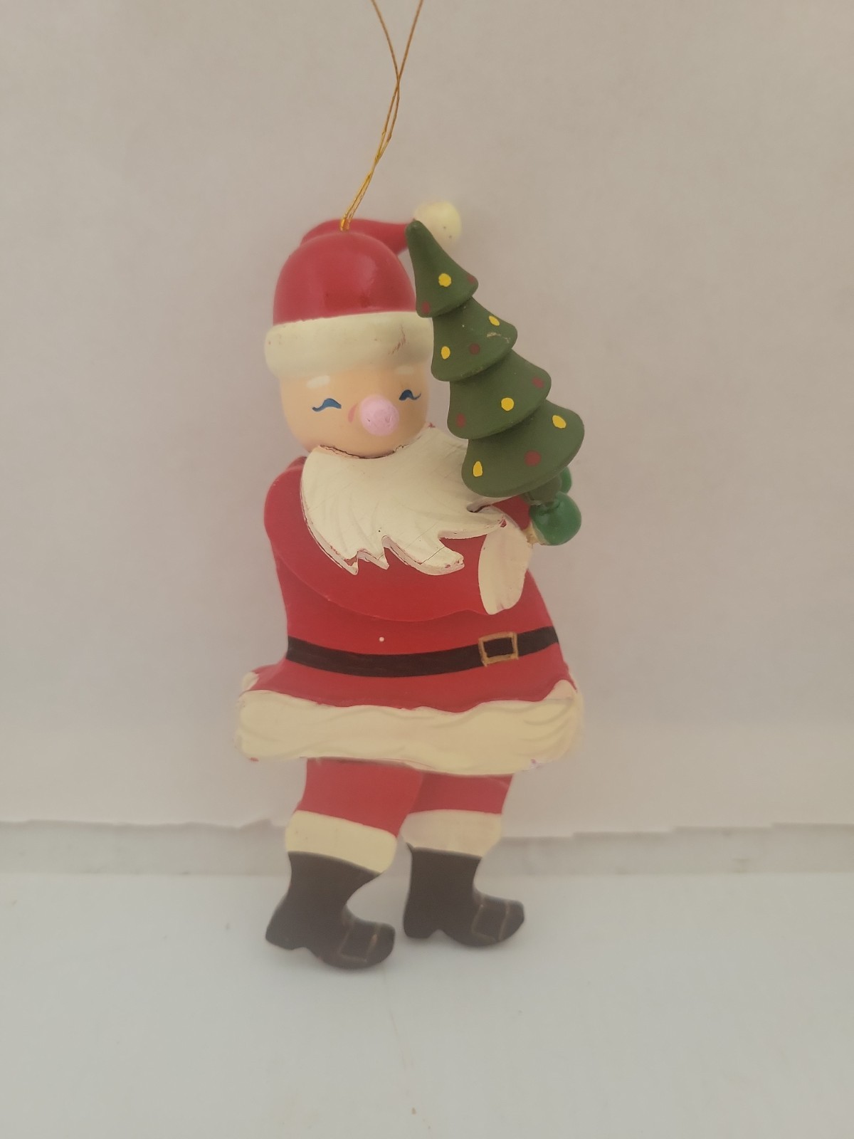 Vintage 1984 Wooden Hand Painted Santa Claus Holding A Christmas Tree, ...