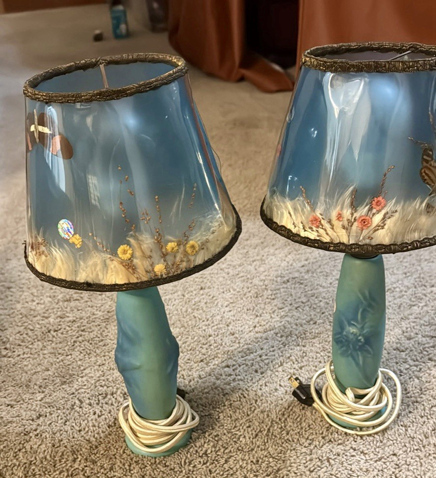 Van Briggle Pottery Pair Of Gorgeous Lamps & Beautiful Shades Working