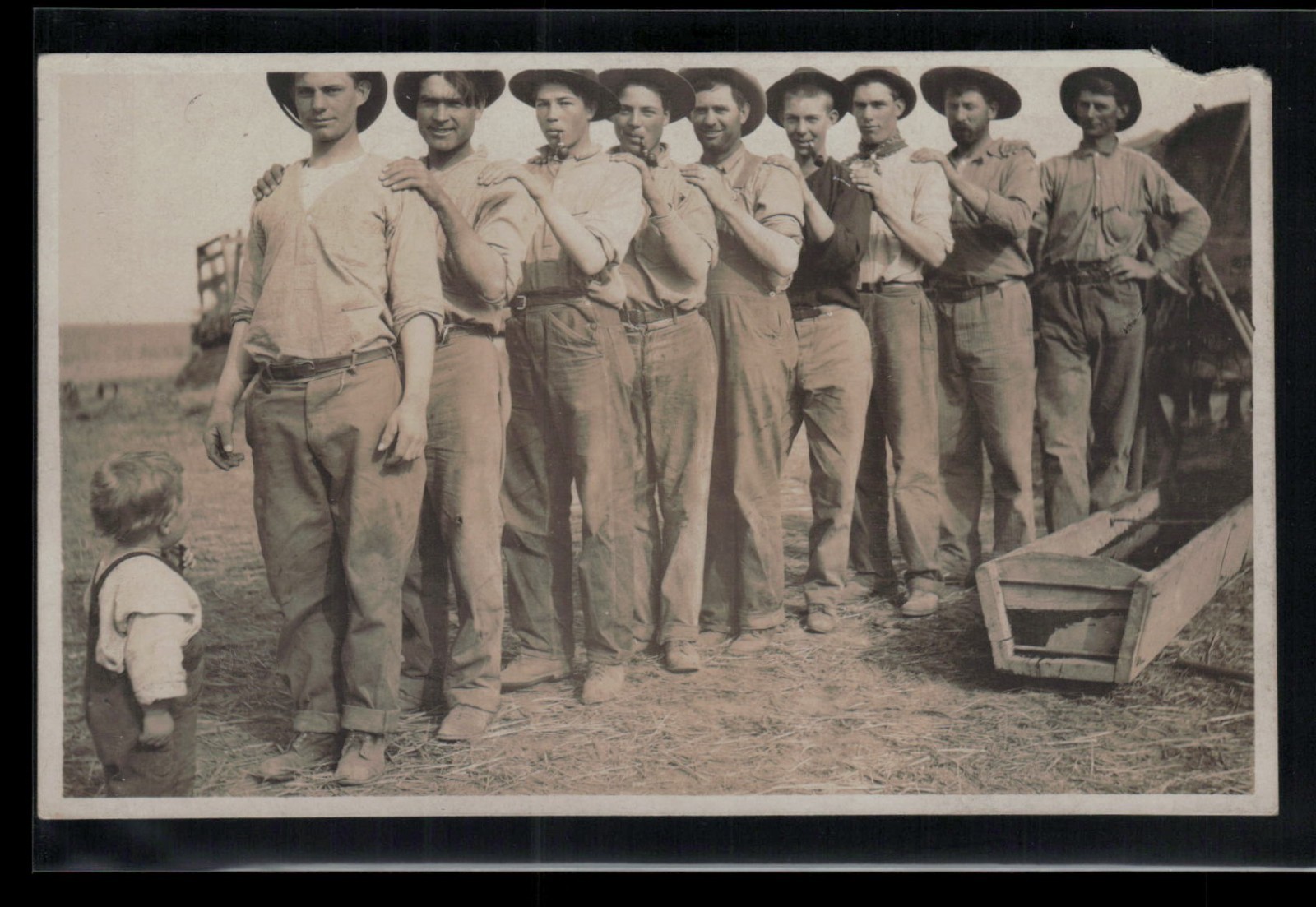 RPPC Postcard Young Farmer Boy Inspecting Group of Farm Hands c1910