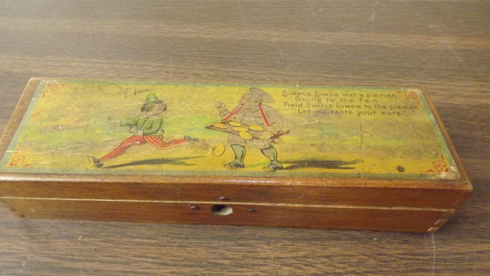 Antique WOODEN PENCIL Box + ITEMS INSIDE  VERY OLD  Good Graphics