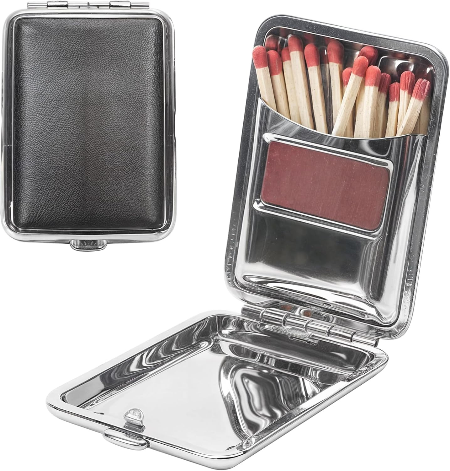 Stainless Steel Match Box Case, One-Button, Waterproof, Black