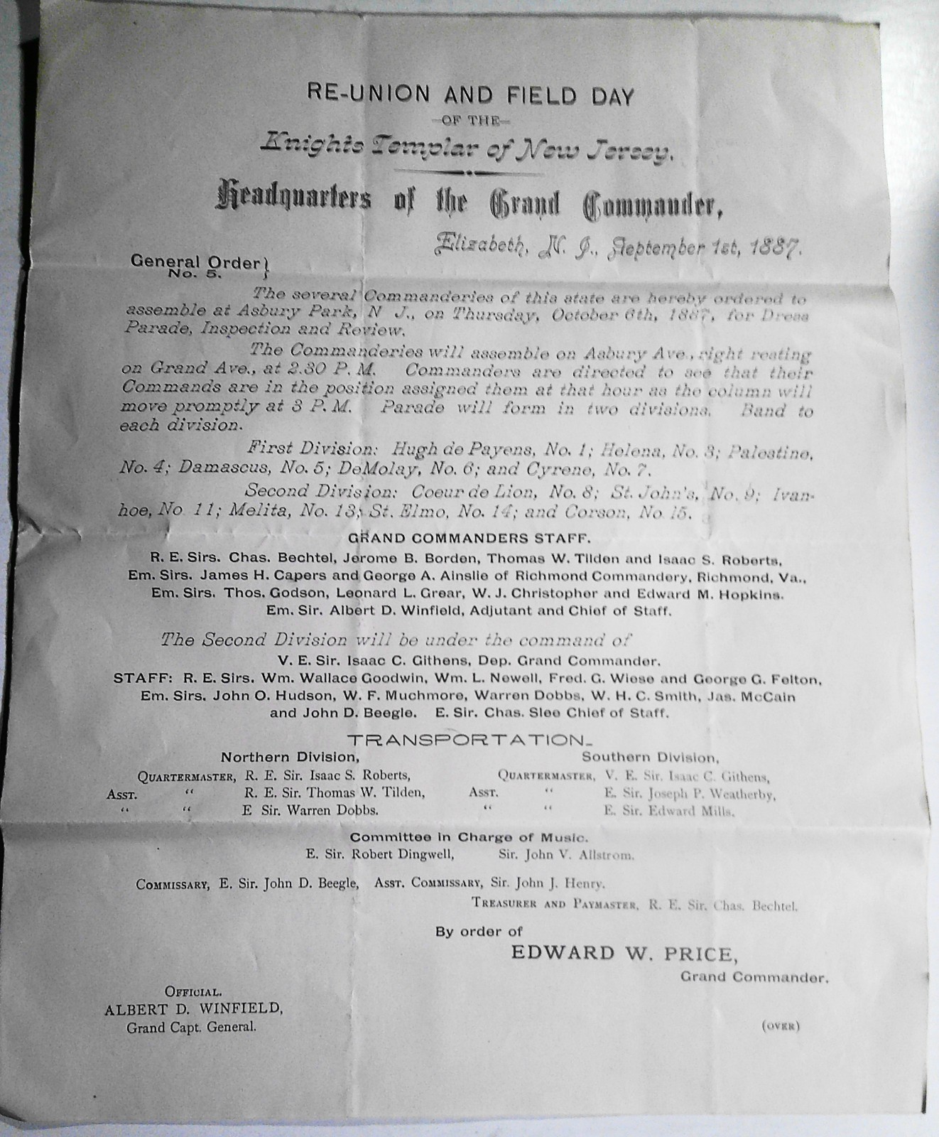 1887 Grand Commandery NJ General Order 5 Asbury Park Knights Templar Parade