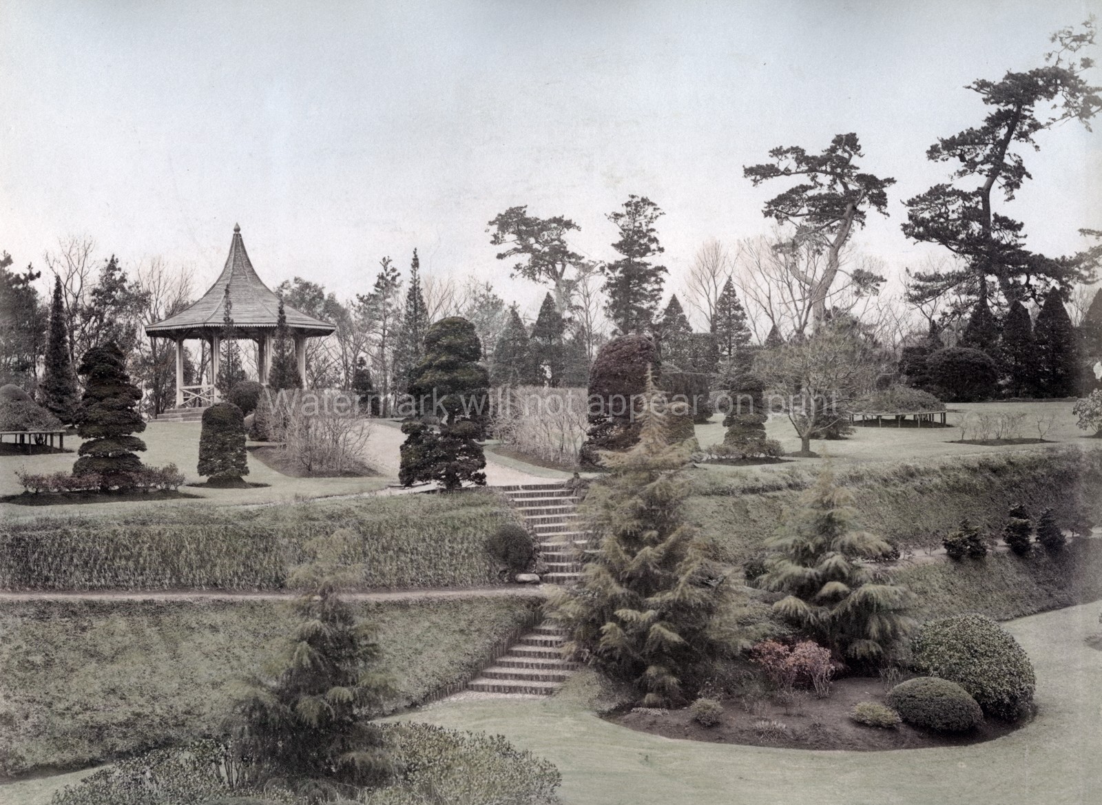 Yokohama Japan Bluff Gardens Gazebo Landscaped Park Trees Vtg. Photo 19thC.