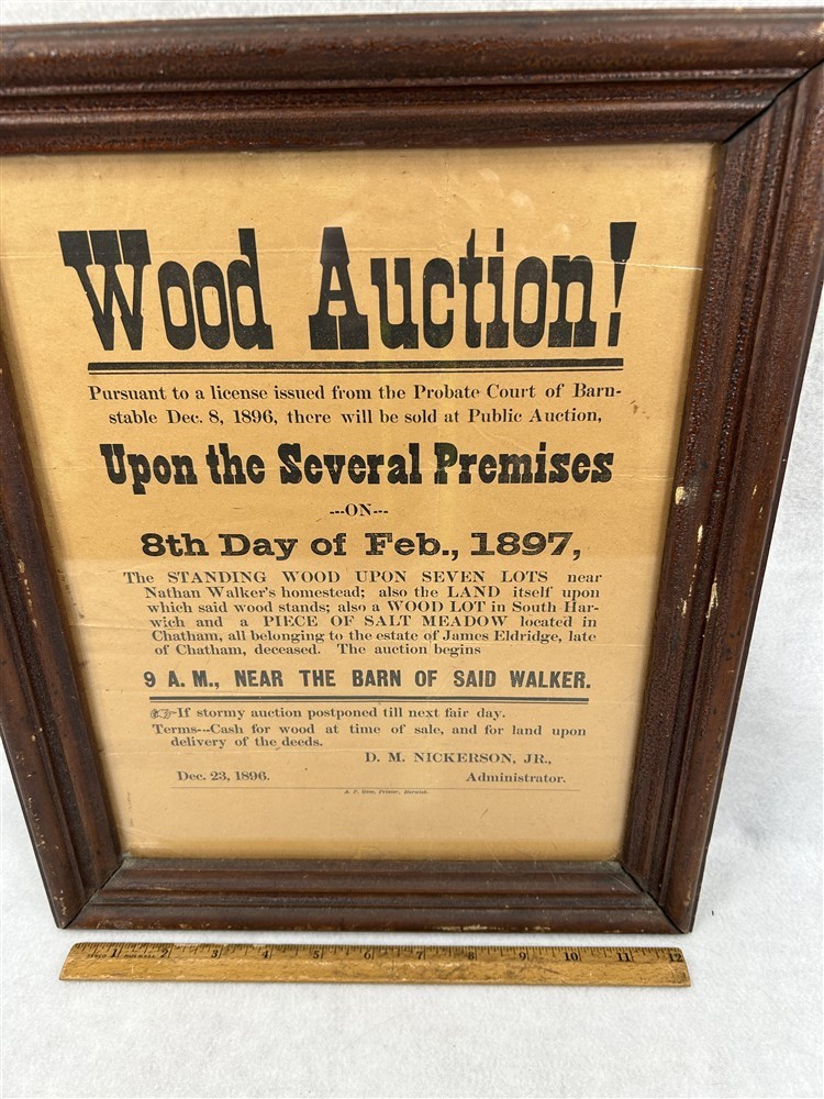 antique framed broadside sign poster  auction 8 dec 1896 Cap Cod Mass original