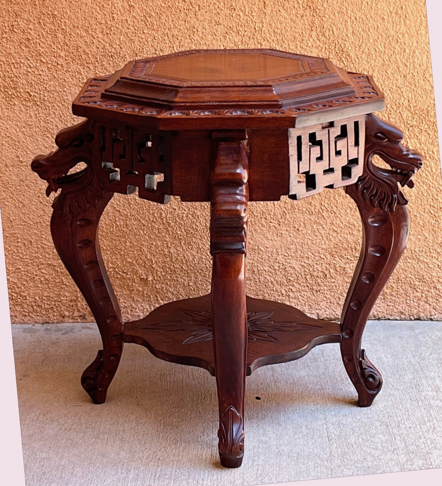 Antique Chinese Carved Wood Stand w/ Dragons on 4 Legs. Open Work Rosewood 13.5\