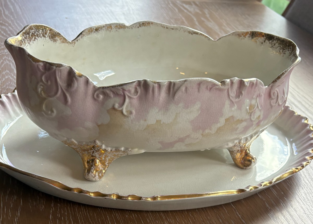 LIMOGES ANTIQUE VTG BAVARIA HAND PAINTED PORCELAIN GOLD FOOTED BOWL AND TRAY
