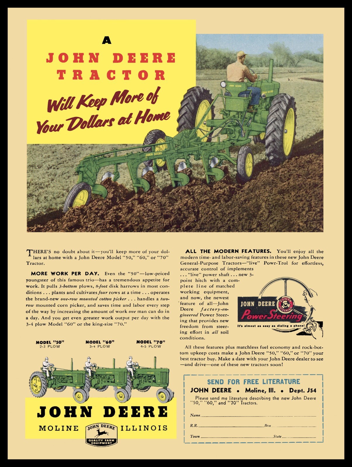 1954 John Deere Tractors- Model 50, 60, 70 - Metal Sign: 9x12