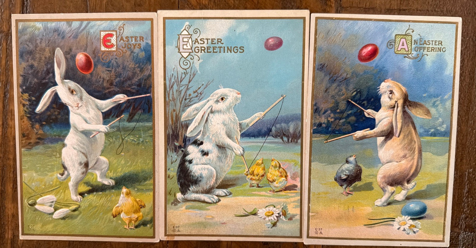 Lot of 3~Anthropomorphic~Rabbits~ Egg Toss Games~Antique Easter Postcards~s536