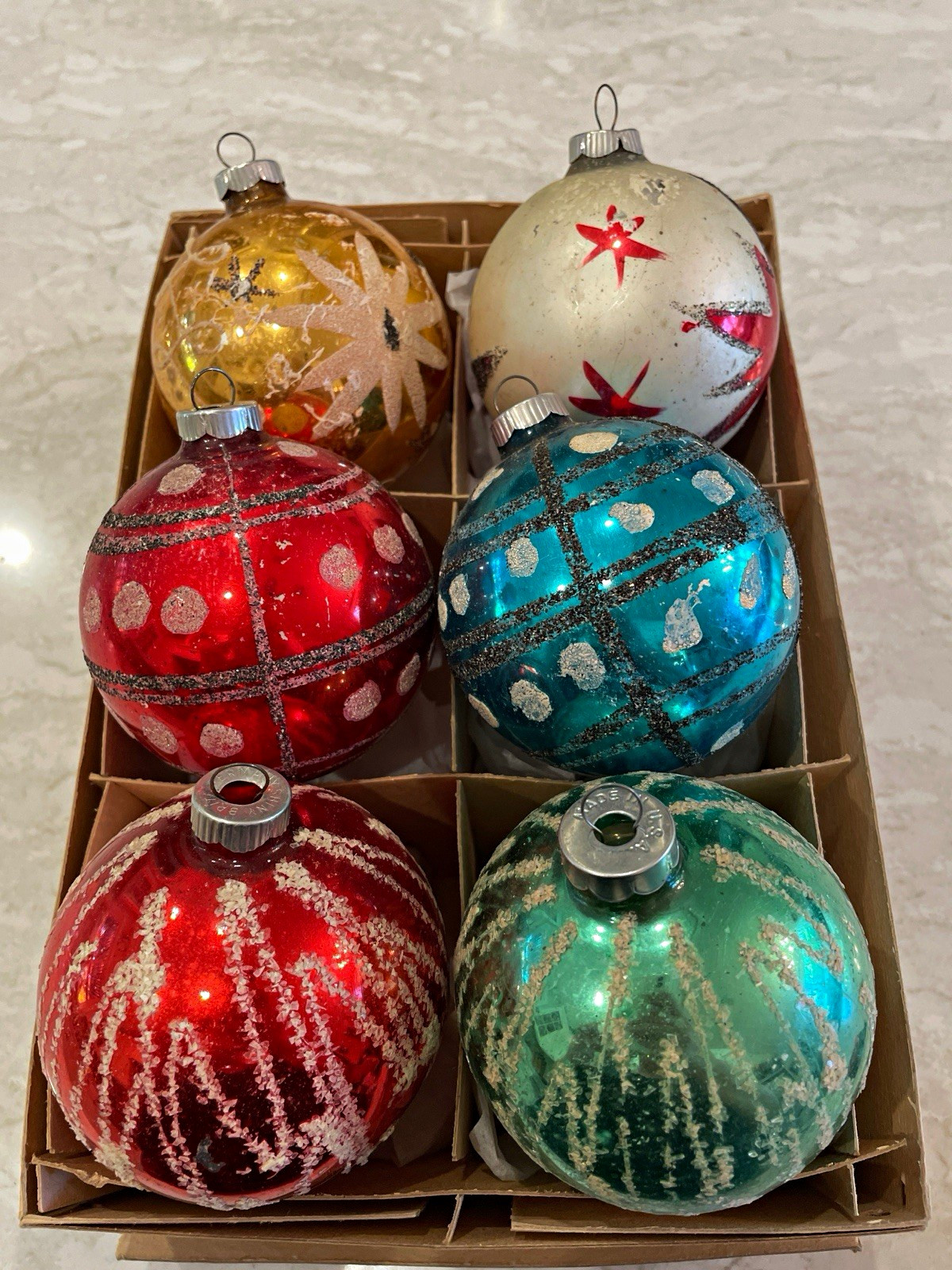 VTG Mid Century Lg 3.5 in. German Glass Mica Christmas Ornaments Set of 6