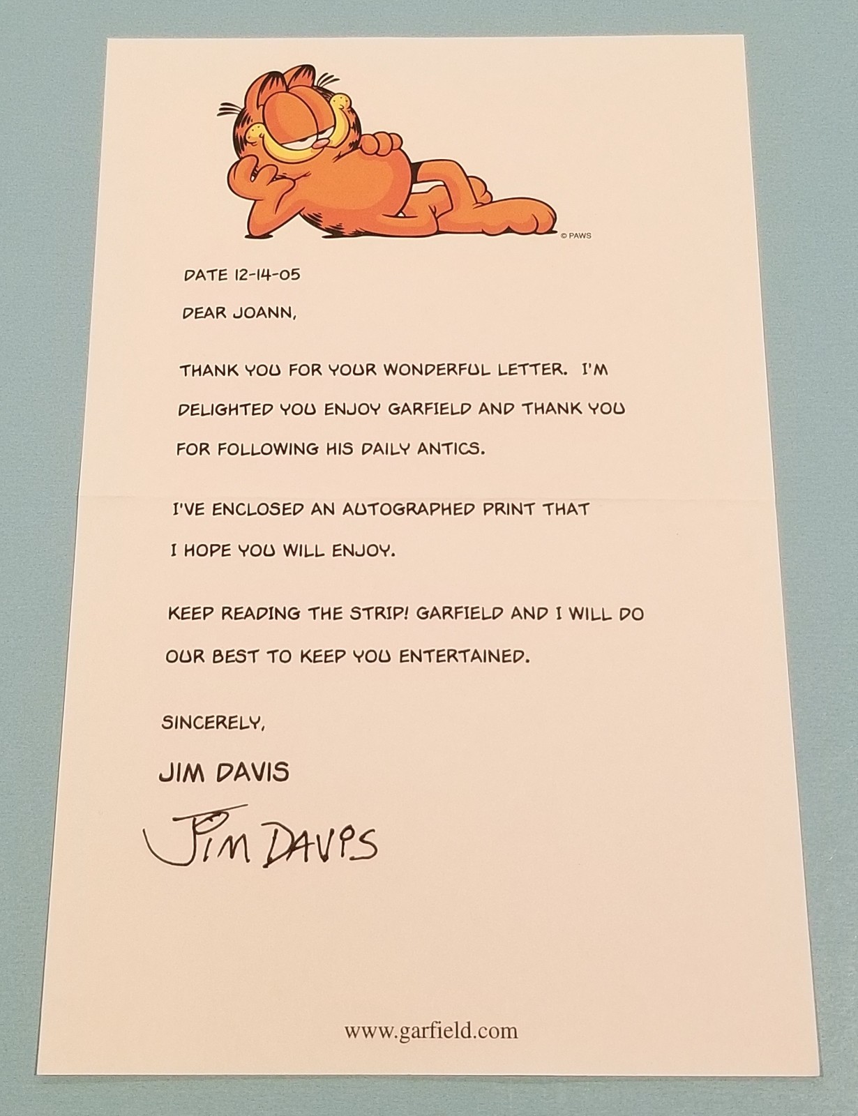 Jim Davis Signed Autographed Letter Cartoonist Garfield