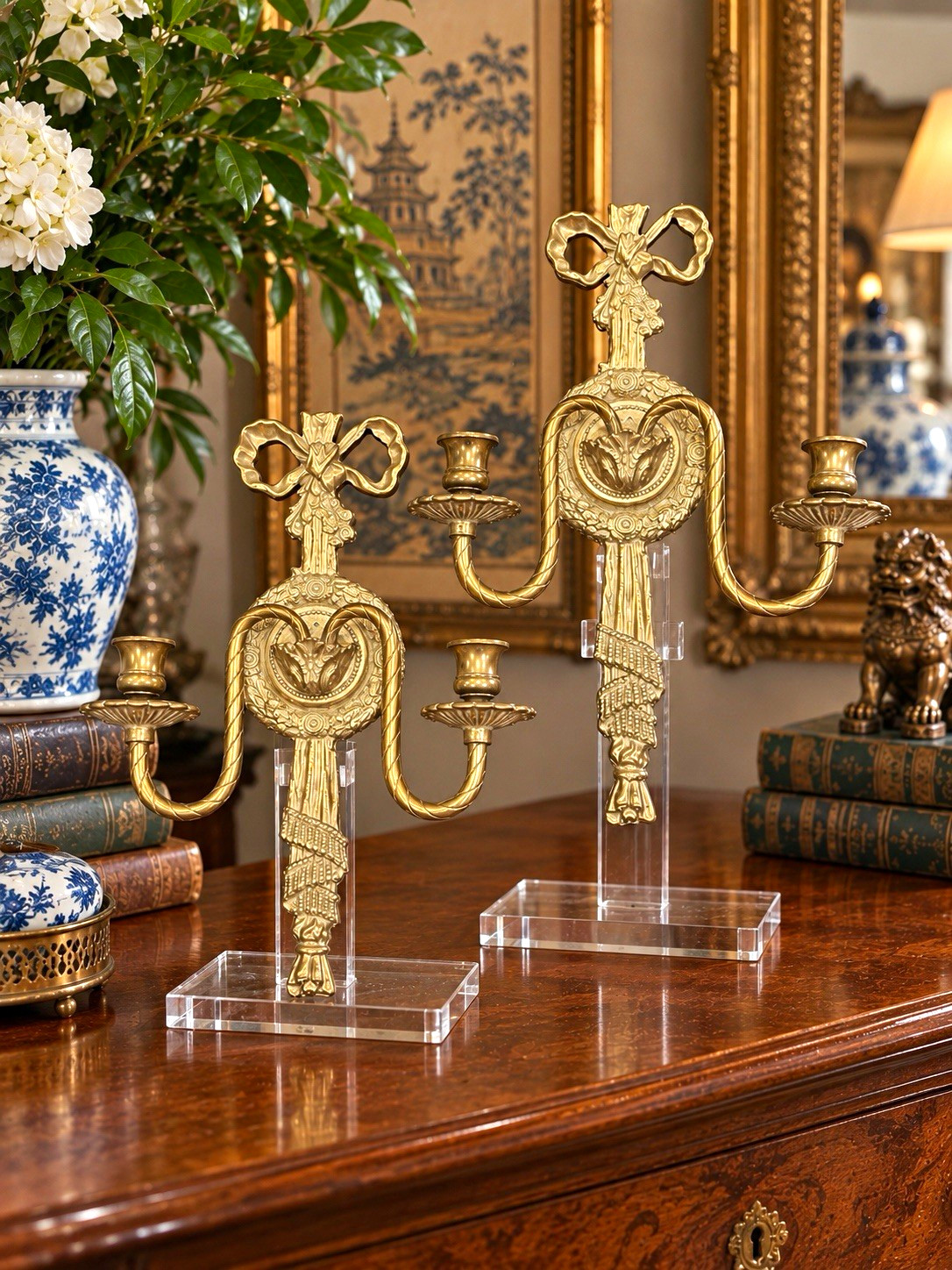 Pair Vintage Brass Wall Sconces French Louis XVI Neoclassical Bow Tassel Pair Vintage Brass Wall Sconces French Louis XVI Neoclassical Bow Tassel