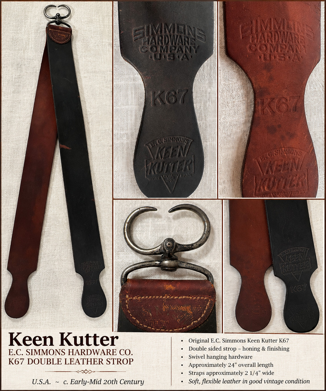 Antique Keen Kutter K67 Razor Strop E.C. Simmons Hardware Double Leather 24”