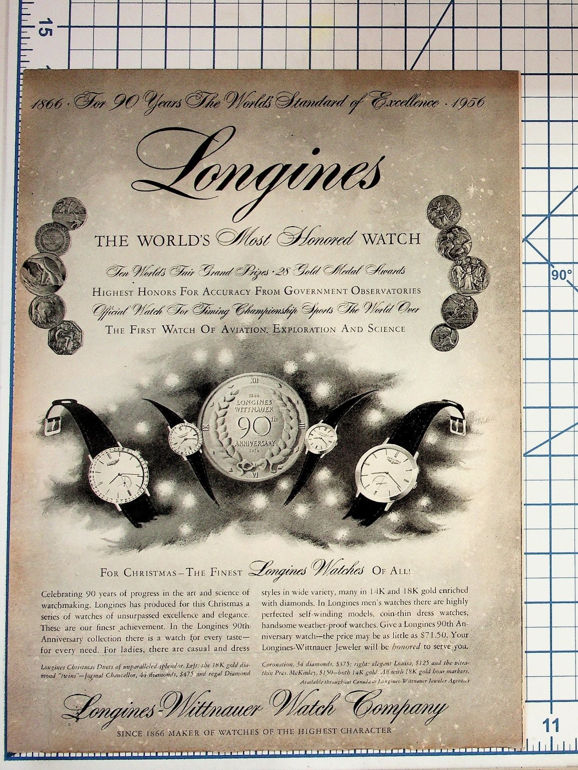 1956 Longines Wittnauer 90th Anniversary Watch Magazine Ad Vintage Ephemera