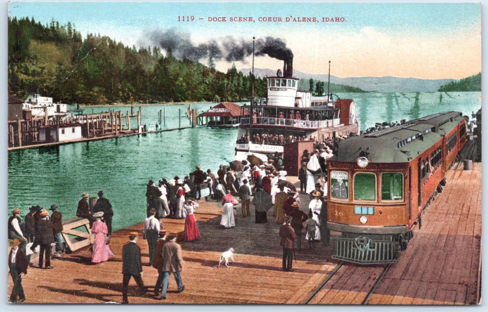 Vintage Postcard Idaho, Dock Scene with Steamer and Train, Coeur D\'Alene ID