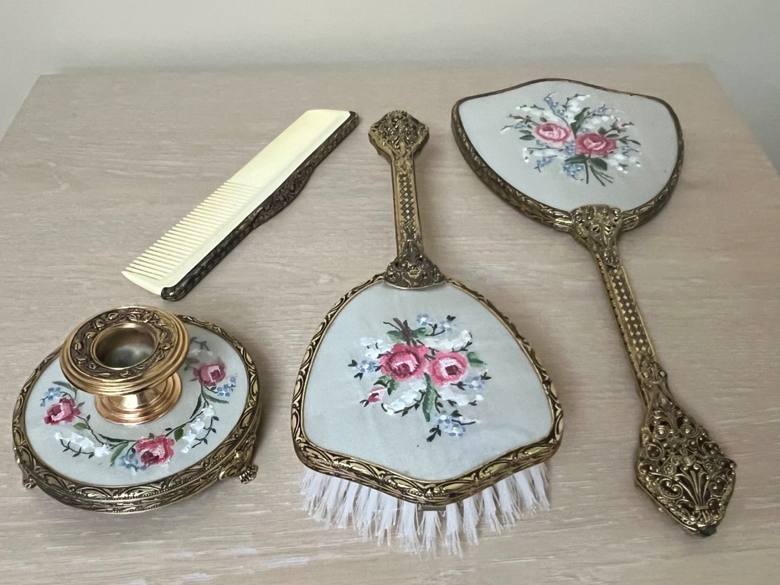 Vintage Delina 4-Piece Vanity Dressing Table Set - Petit Point Embroidery & Bras