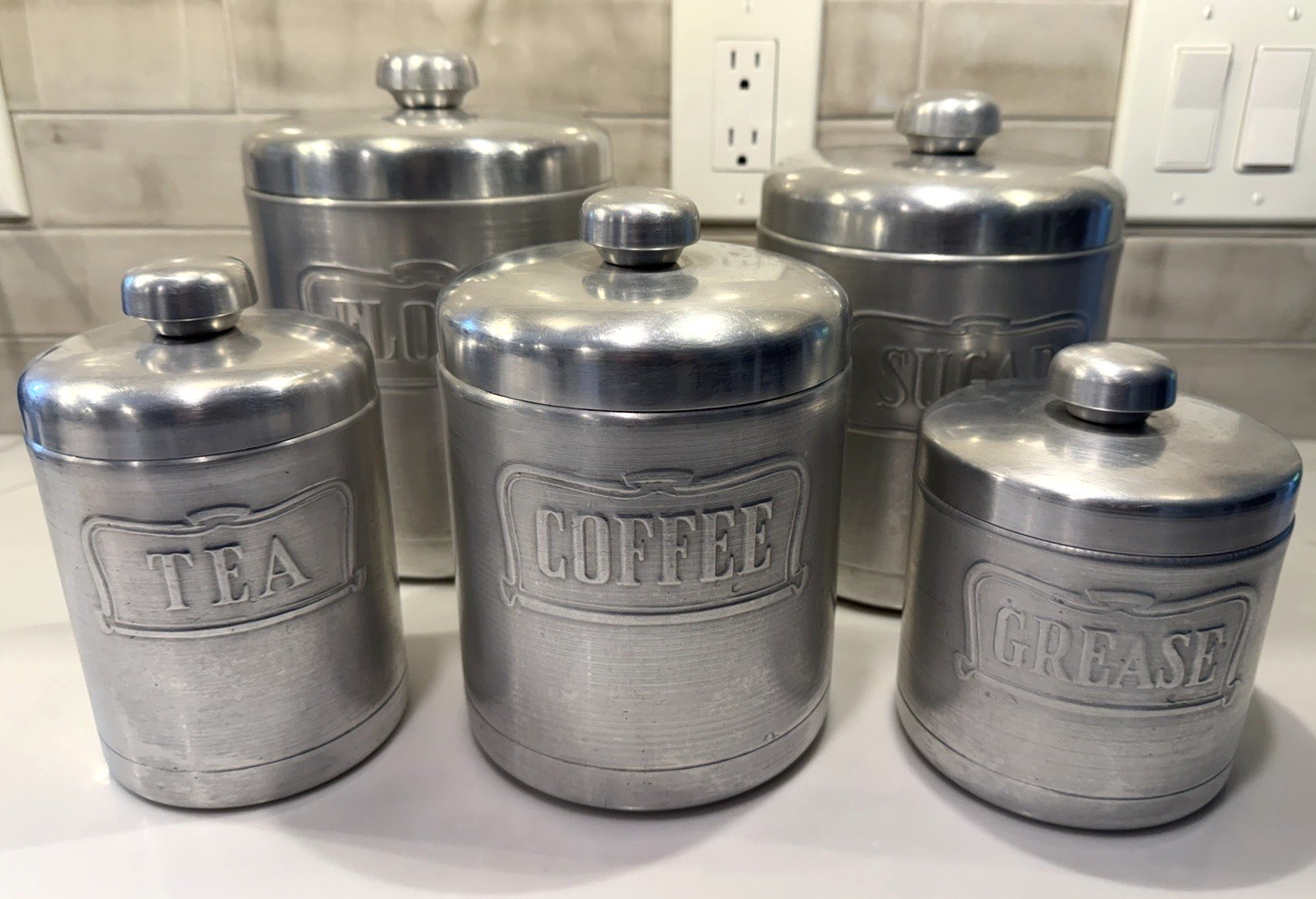 Vintage Heller Hostess Ware Aluminum Canister Set 5 Piece with Grease Jar Italy