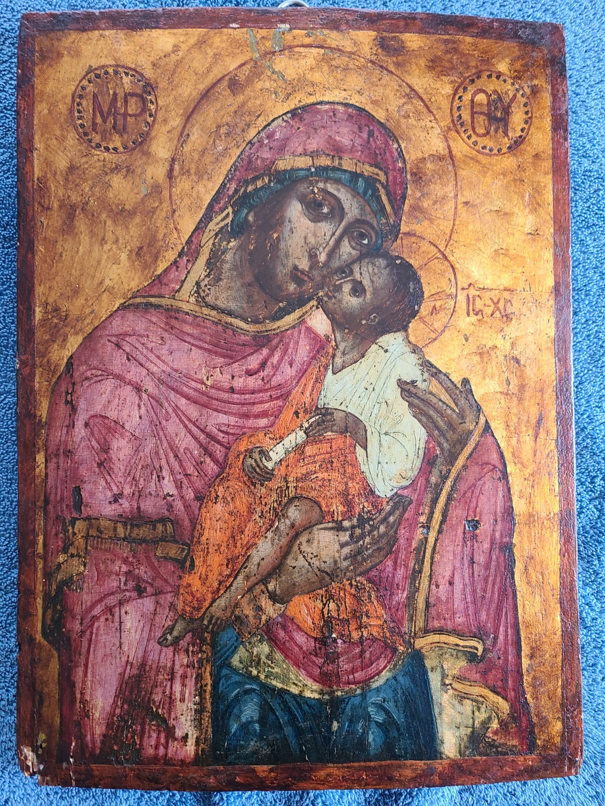 Antique Greek Orthodox hand painted Icon The Theotokos Eleusa. 18c.