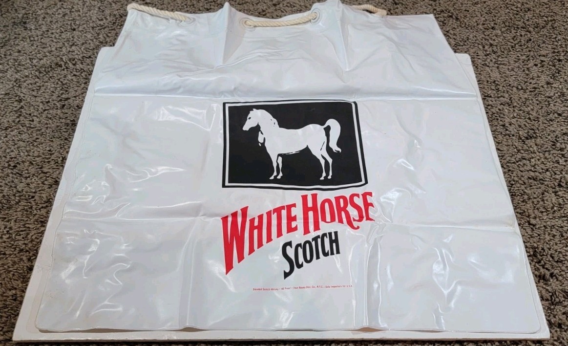 Vintage WHITE HORSE SCOTCH Vinyl Promo Beach Bag Tote Alcohol Bar Advertising 