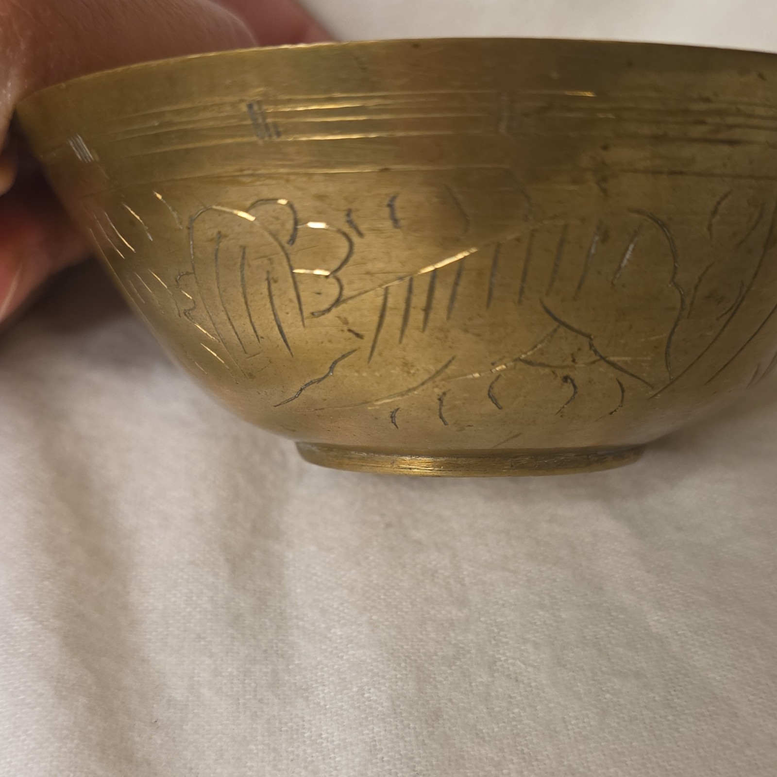 Vintage/Antique Chinese Hand-Etched Brass Offering Bowl, Marked China