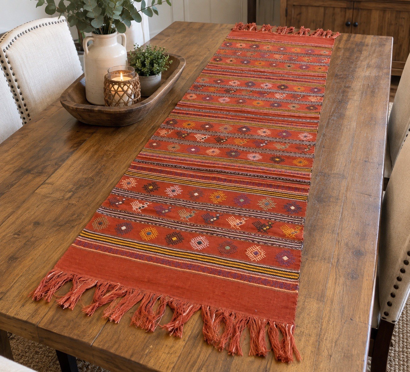 Vintage Guatemalan Maya Handwoven Textile Runner 17.5” x 63” Geometric Fringe