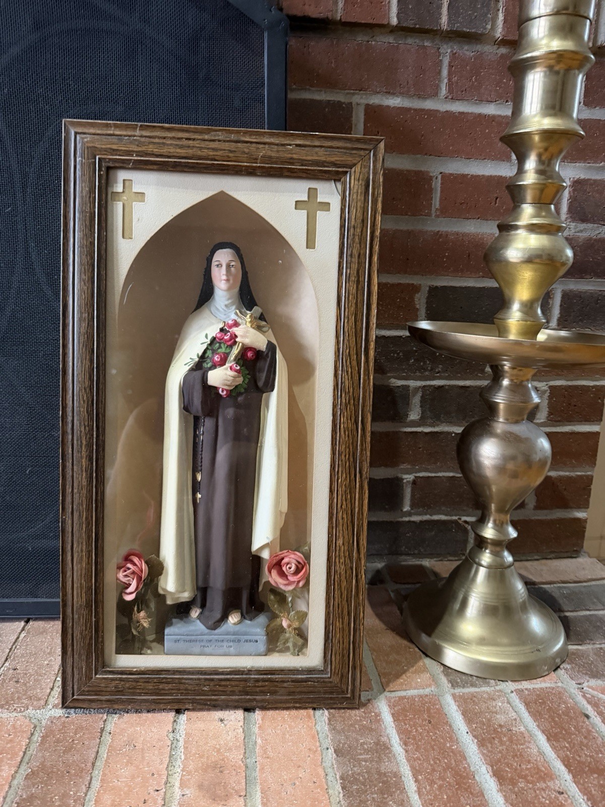 Vtg Saint Therese Of Lisieux Little Flower Catholic Statue Shadow Box Gothic