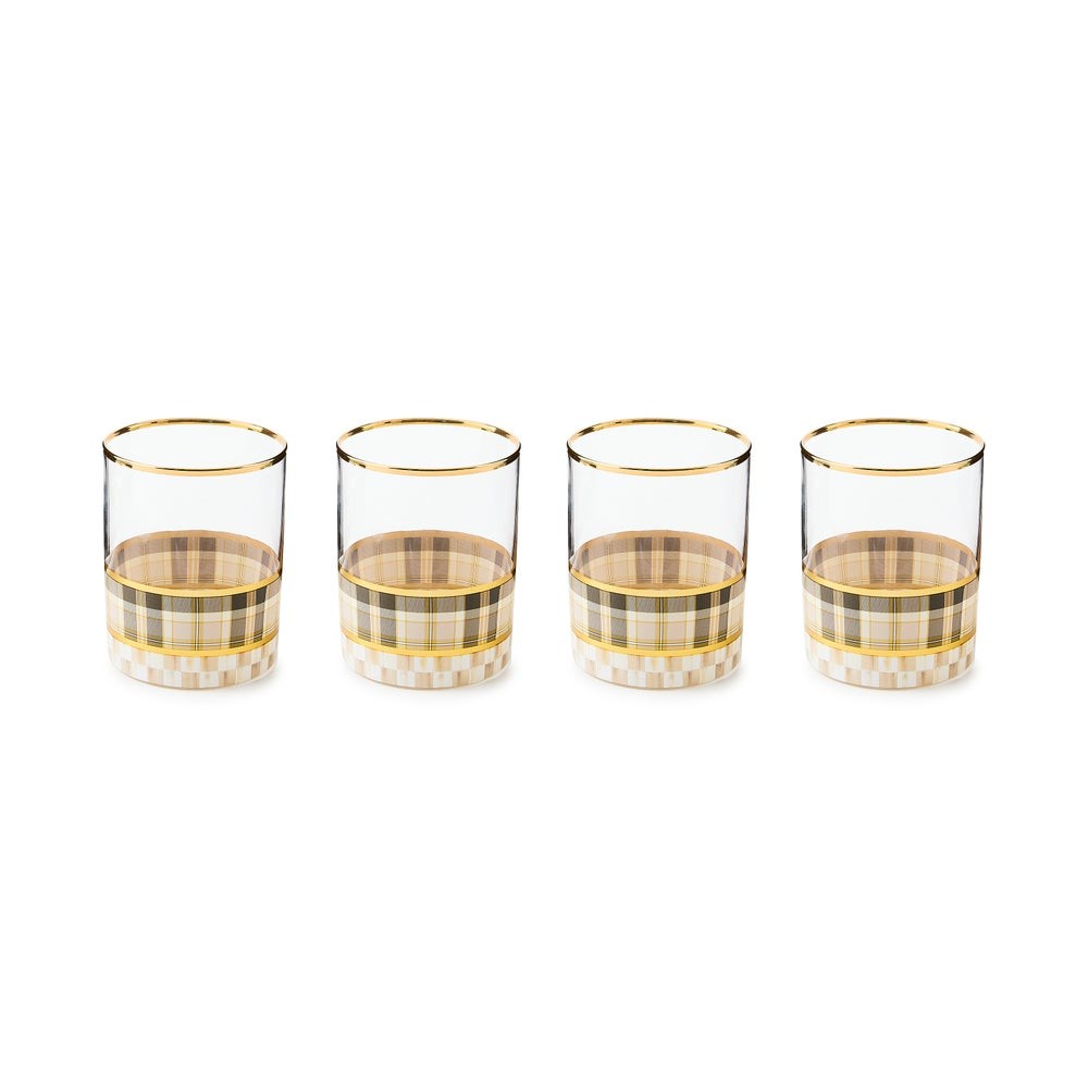 NEW Mackenzie-Childs Mocha Tartan Mocha Glassware, Set of 4