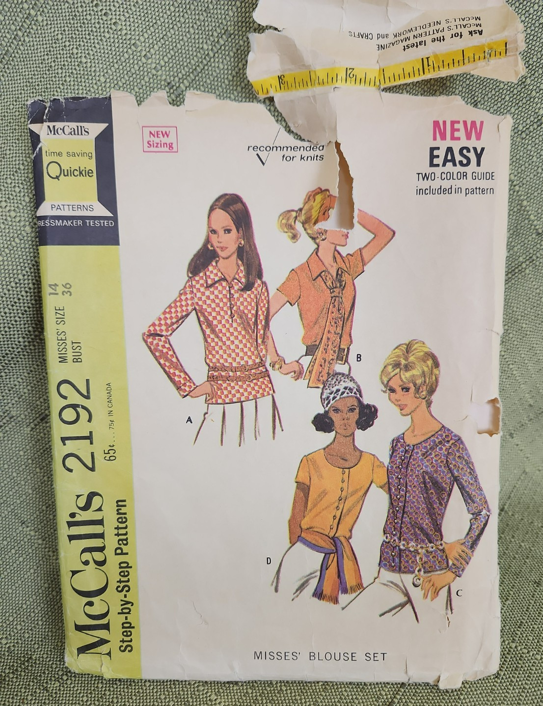 Vintage Misses\' Scoop or V Neck Blouse Set McCall\'s 2192 Sewing Pattern, Size 14